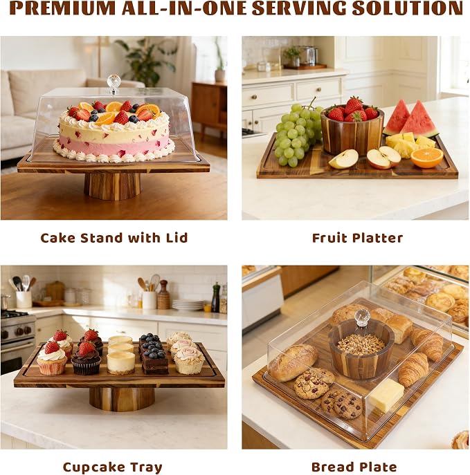 Jolitac Acacia Wood Cake Stand with Lid - Extra Large 17" Rectangular 2-in-1 Dessert Display & Charcuterie Board, Shatterproof Acrylic Dome for Freshness, Perfect for Weddings Parties Gifts