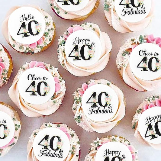 40Pcs Edible Circle Happy 40th Birthday Cupcake Toppers Edible Floral Hello 40 Fabulous Cheers to 40 Cupcake Picks Drink Toppers for Funny Female Floral 40th Birthday Party Decorations