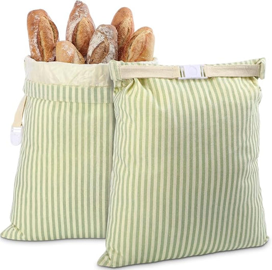 2 Pack Reusable Striped Bread Bags Set with Drawstring Cotton Linen Food Storage Bags for Homemade Bread & Sourdough 17"x 13" Lined Food Bag Cover Keep Loaves Fresh Longer(Green Stripes)