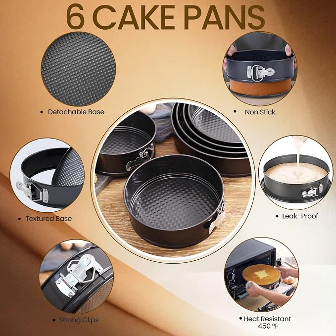 6PCS round Springform Cake Pans Set(7,8,9,9.5,10,11inch) | nonstick coating,food-grade carbon steel,450°F heat-resistant,spring-lock&removable bottom easy release,Ideal for cakes,more
