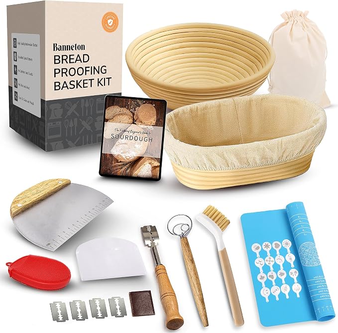 Complete Banneton Bread Proofing Basket Set - 9" Round & 10" Oval Baskets - Sourdough Starter Kit - Sourdough Bread Baking Tools and Supplies Include Dough Whisk, Scrub Brush, Lame - Complete Gift Kit