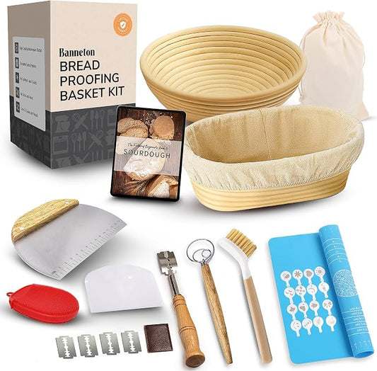 Complete Banneton Bread Proofing Basket Set - 9" Round & 10" Oval Baskets - Sourdough Starter Kit - Sourdough Bread Baking Tools and Supplies Include Dough Whisk, Scrub Brush, Lame - Complete Gift Kit