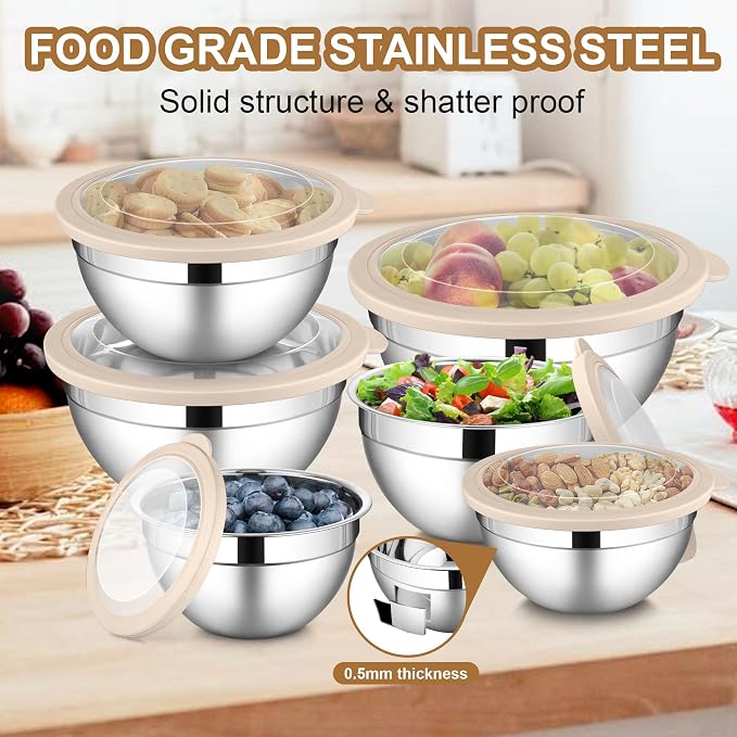 LIANYU 6 PCS Large Mixing Bowls with Visible Lids Set, Size 7, 3.5, 2.5, 2, 1.5, 1QT, Stainless Steel Kitchen Metal Nesting Bowls for Cooking, Baking, Serving, Freezer & Dishwasher Safe, Khaki