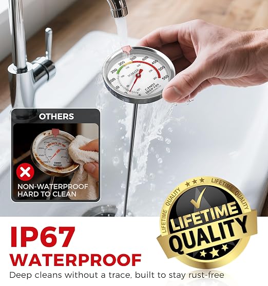 BOMATA 2-Pack Candy Thermometer with Pot Clip, Hands-Free Use, Waterproof IP67 and 2.5" Display Deep Fry Oil Thermometer with NSF Certified, for Cooking, Food, Turkey, BBQ, Grill... Mth400 Silver&Gray