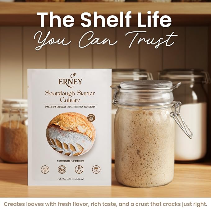 ERNEY Dehydrated Sourdough Starter for Bread Making - Perfect Rise Sourdough Bread Flour with Instruction - Versatile Homemade Pastry Flour Perfect for Artisan Loaf Pizza Muffins - 1 pack