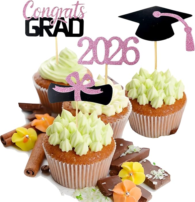 YuBoBo 2026 Graduation Cupcake Toppers, 48 PCS Food/Appetizer Picks For Graduation Party Mini Cake Decorations, Diploma, 2026, Grad Cap Set 48 Pieces (06 Pink)