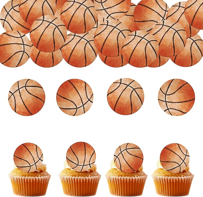 48PCS Edible Basketball Cupcake Toppers Edible Basketball Cake Decorations Sport Ball Theme Cupcake Picks for Sports Ball Theme Baby Shower Birthday Party Cake Decorations Supplies