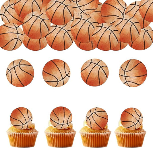 48PCS Edible Basketball Cupcake Toppers Edible Basketball Cake Decorations Sport Ball Theme Cupcake Picks for Sports Ball Theme Baby Shower Birthday Party Cake Decorations Supplies