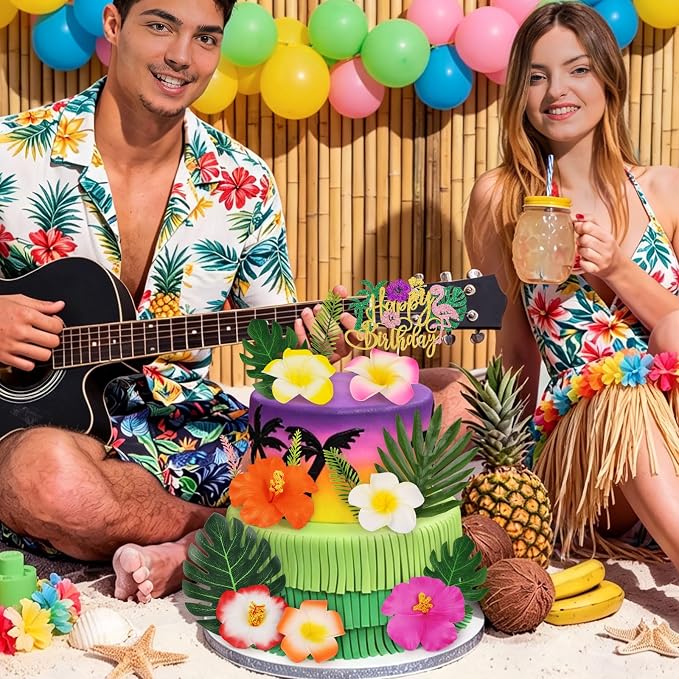 Hooqict 16Pcs Hawaiian Flower Cake Decorations Set with Palm Leaves Tropical Flowers Cake Toppers for Summer Hawaii Luau Beach Themed Birthday Party Decorations Supplies