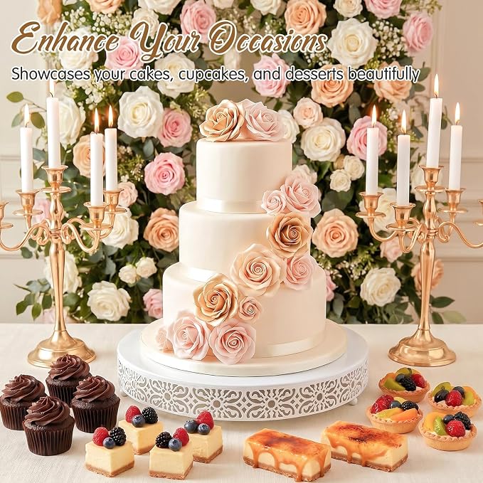 Wenqik 20 Inch Cake Stand Round Metal Cupcake Dessert Wedding Cake Stand Cookies Display Holder Fruit Food Serving Tray for Table Wedding Birthday Anniversary Party Decor (White)