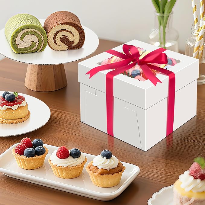 Sudaya 10x10x5 Cake Boxes with Window, Cake Boxes 10 inch Tall with Cakes Box Ribbon Stickers, 10in Disposable Carry Bakery Containers Cajas Para Pasteles for Pies Party Wedding Gift Giving