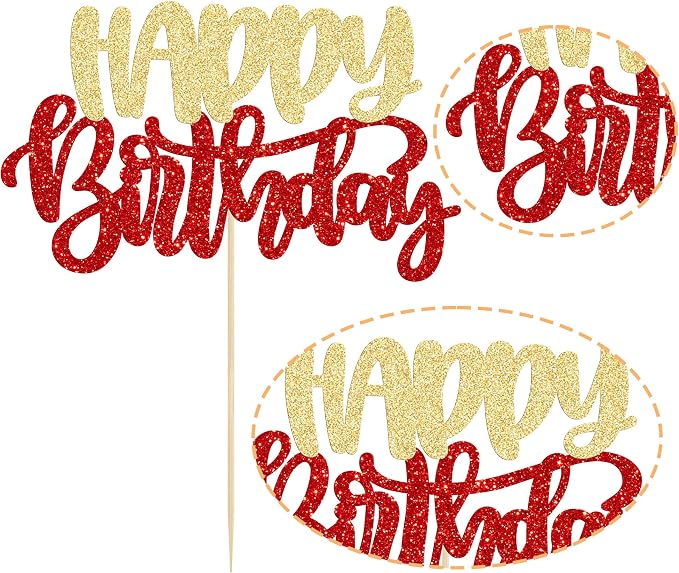 Gyufise 1Pcs Happy Birthday Cake Topper Glitter Happy Birthday Cake Pick for Christmas Theme Wedding Anniversary Theme Party Cake Decorations Supplies Gold Red