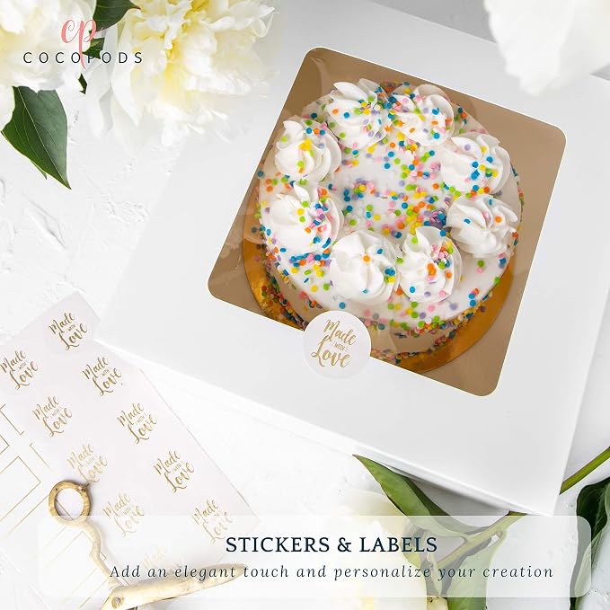 25 Pack Auto Pop-Up Cake Boxes with Viewing Window & 50 Stickers - This White 10x10x5 Bakery Boxes Container is Suitable For Cakes, Cupcakes, And Cookies - Dessert Boxes with Clear Display