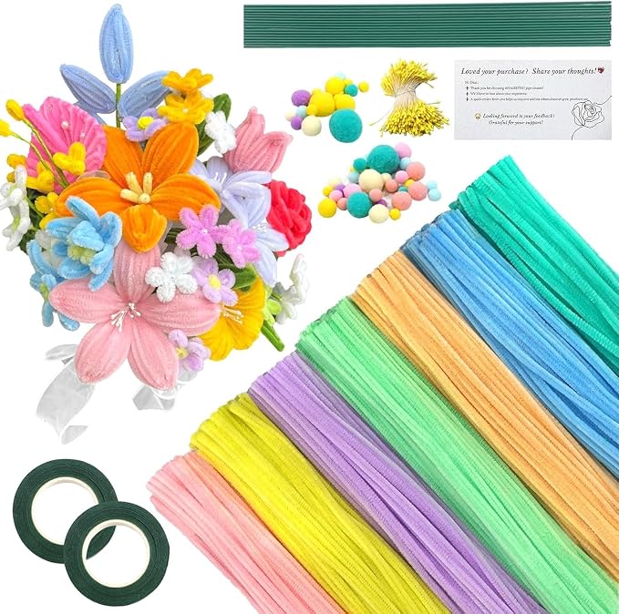 620Pcs Macaron Pipe Cleaner Flower Kit, 6 Colors Bulk Chenille Stems with Wires, Pom Poms, Stamens and Card, All-in-One DIY Flower Craft Supplies for Creative Gifts Home Decor, Party & School Crafts