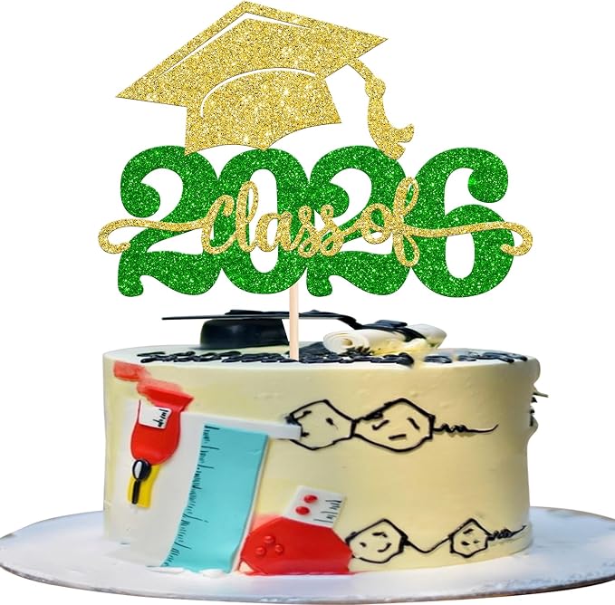 1 Pack Class of 2026 Cake Topper Glitter Congrats Grad Cap 2026 Graduation Cake Pick for 2026 Graduation Theme High School Boys Girls Graduate Party Cake Decorations Supplies Gold Green