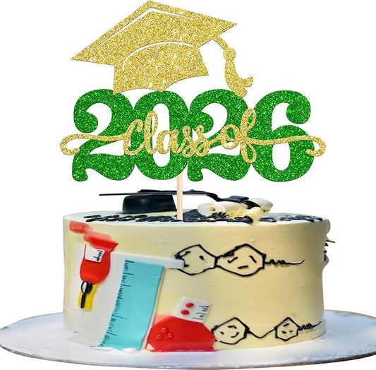 1 Pack Class of 2026 Cake Topper Glitter Congrats Grad Cap 2026 Graduation Cake Pick for 2026 Graduation Theme High School Boys Girls Graduate Party Cake Decorations Supplies Gold Green