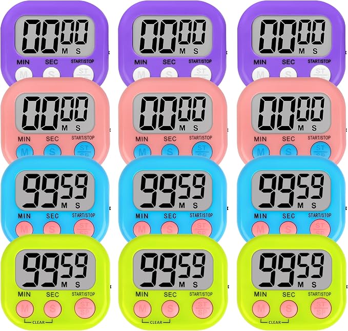 Lasubst Digital Classroom Timers for Teachers Kids School Supplies Bulk with Magnetic Back 12 Pack, Pink Purple Blue Green