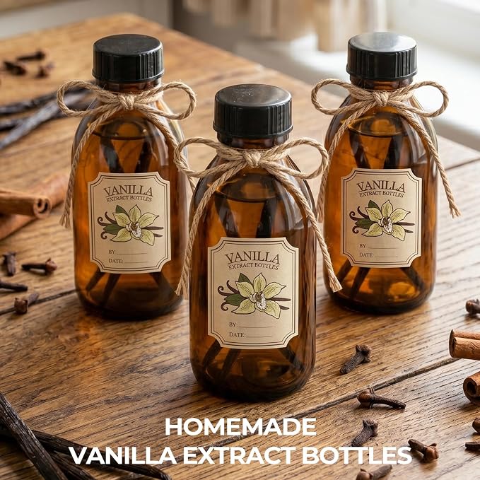 8 Pack 4 OZ Amber Glass Bottles with Lids, Vanilla Extract Bottles Empty Boston Glass Bottles for Homemade Vanilla Extract, Essential Oils, Juice, Potion, Syrup, Liquids, Christmas Gift