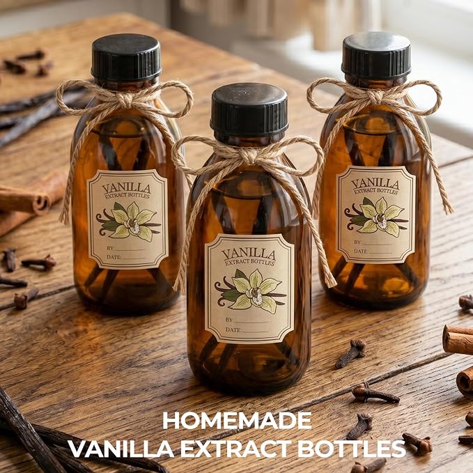99 Pack 4oz Vanilla Extract Bottles with Caps and Labels | Bulk Boston Round Amber Glass Bottles for Wedding Favors, Homemade Gifts, Essential Oils & Potions - Airtight & Leakproof