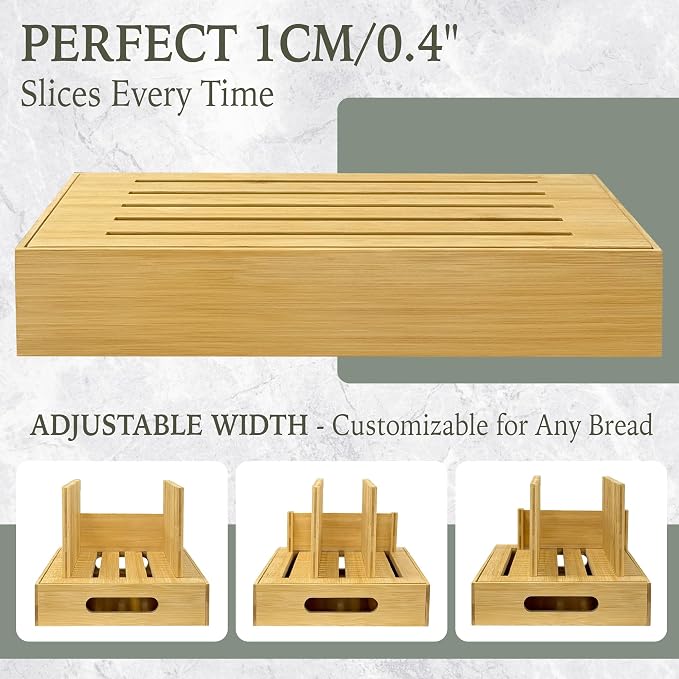 Bamboo Bread Slicer for Homemade Bread, Adjustable Cutting Board with Crumb Tray and Serving Box, Slicing Guide for Sourdough, Sandwich Loaves, Bagels and Cakes