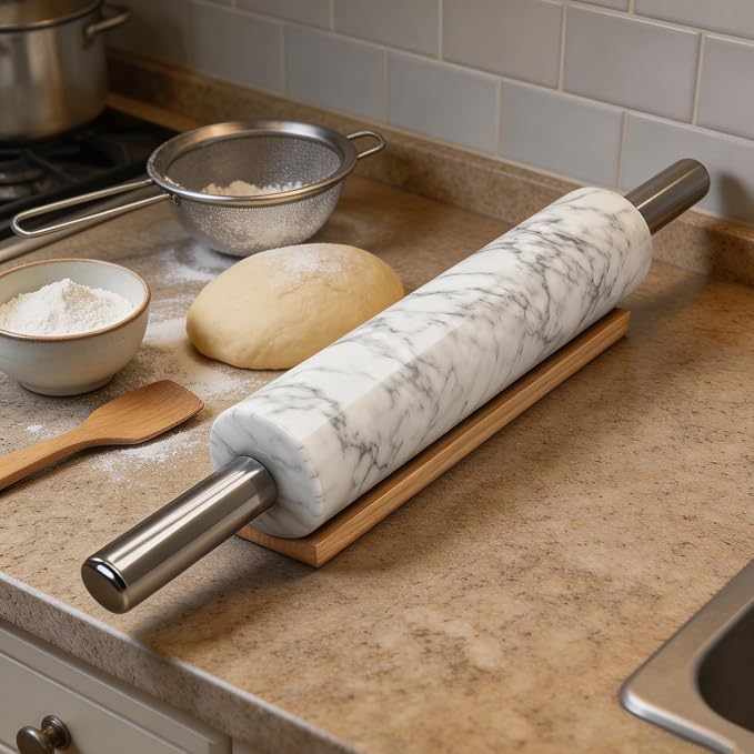 Premium White Marble Rolling Pin Set with Natural Veins, Stainless Steel Handles, Wooden Stand, Pastry Mat, Dough Cutter & 3 Thickness Rings – Baking Gift Set