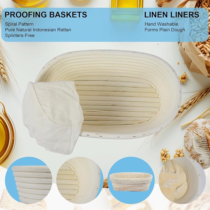 3Pcs Banneton Bread Proofing Basket, 10 inch Oval Banneton Basket,Sourdough Proofing Basket,Bread Bowl Handmade Rattan Baskets and Liners for Professional & Home Sourdough Bread Baking