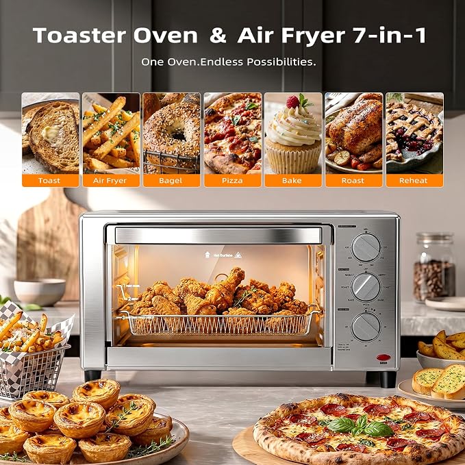Crzoe Countertop Toaster Oven, Kitchen Convection Air Fryer Toasters Combo, Medium Capacity, 7-in-1 Functions, 60-Minute Timer, 0.78 Cubic Feet, Stainless Steel Finish