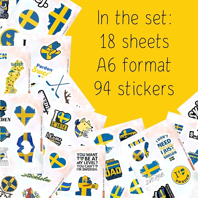 BulbaCraft Swedish Stickers for Water Bottle and Laptop - Nordic Party Supplies & Decorations, Waterproof Vinyl Swedish Decals, Sweden Flag and Culture Stickers Laptop Decals, Gifts for Women & Men