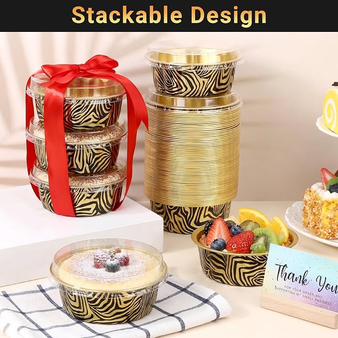 Beasea Disposable Ramekins 8oz, 50 Pack 235ml Aluminum Foil Cups with Lids, Disposable Creme Brulee Muffin Cupcake Mini Cheesecake Baking Cups for Party - Tiger Stripes