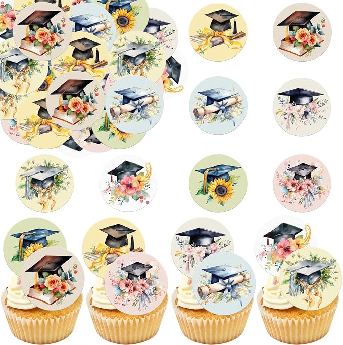 36pcs Edible 2026 Graduation Cupcake Toppers Wafer Paper Grad Cap Diploma Cake Decorations Edible Class of 2026 Cupcake Picks for 2026 Graduation Theme Party Cake Decor Supplies