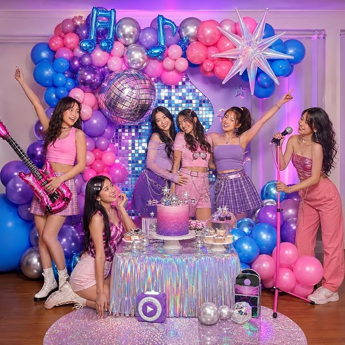 Kpop Music Balloon Garland Arch Kit, Pastel Hot Pink Metallic Blue Purple Silver Balloons Disco Ball Guitar Music Note Exploding Star Foil Balloon for Girls Music Prom Fans Birthday Party Decorations