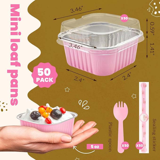NPLUX 50 Pcs Mini Cake Pans with Lids and Spoons Aluminum Foil Mini Square Baking Cups with Lids Disposable Ramekins Cake Pans Dessert Cups for Wedding, Graduation Gifts Party Favors(Pink,5oz)