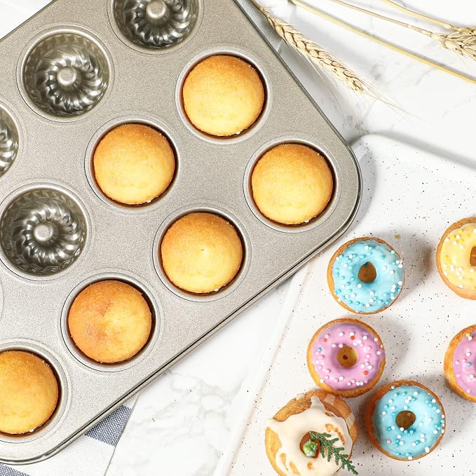 Webake 2 Pack Mini Fluted Tube Cake Pans, 12-Cup Non-stick Bite Size, 1.8 Inches Petite Fluted Cake Mold Heavy Gauge Carbon Steel