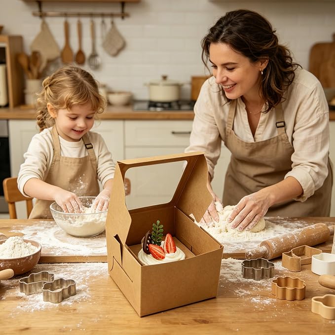 Jotique Cupcake Boxes with Window, 20 Sets 4.5x4.5x3 Inch Kraft Paper Bakery Boxes for Single Cupcake, Cookies and Muffins, Sturdy Disposable Treat Boxes for Individual Pastry, Baked Good, Gift Giving