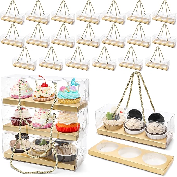 Coloch 24 Pack Clear Cupcake Box with Handle, 9 x 3 x 3 In 3 Count Plastic Cupcake Container Baked Dessert Box, for Cupcake, Dessert, Muffins, Party, Wedding