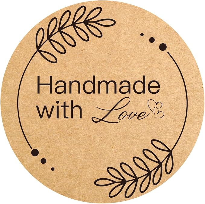 200PCS Handmade with Love Stickers, Vintage Leaf Design Kraft Paper Labels for Baked Goods, Jam Jars, Cookie Bags, Envelope Seals, Small Business Gifts, 1.6 Inch