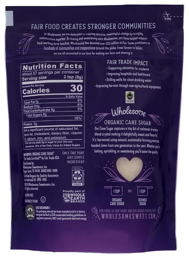 Wholesome Organic Cane Sugar, USDA Certified Organic, Fair Trade Certified, Gluten Free & Non-GMO, 16 Oz (Pack of 1)
