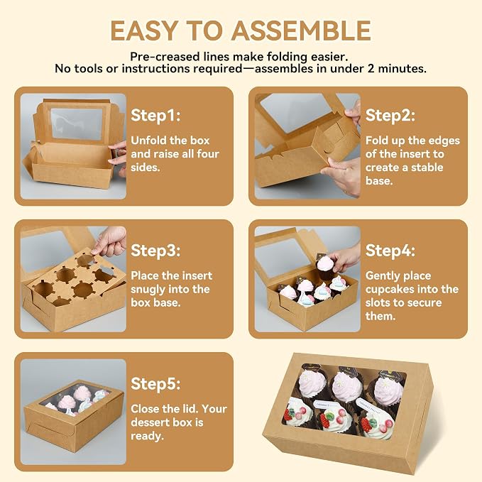 10-Set Cupcake Boxes Bulk with Clear Display Window Hold 6 Standard Cupcakes, Disposable Food Grade Brown Cupcake Carrier Cupcake Container, Perfect for Cupcakes Muffins Cookies Pastries