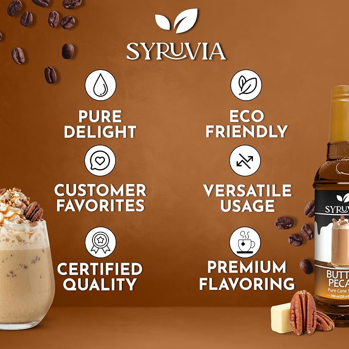 Syruvia Coffee Syrup, Butter Pecan Flavored Syrup for Drinks, Lattes, and Desserts – 25.4 fl oz - with Pump