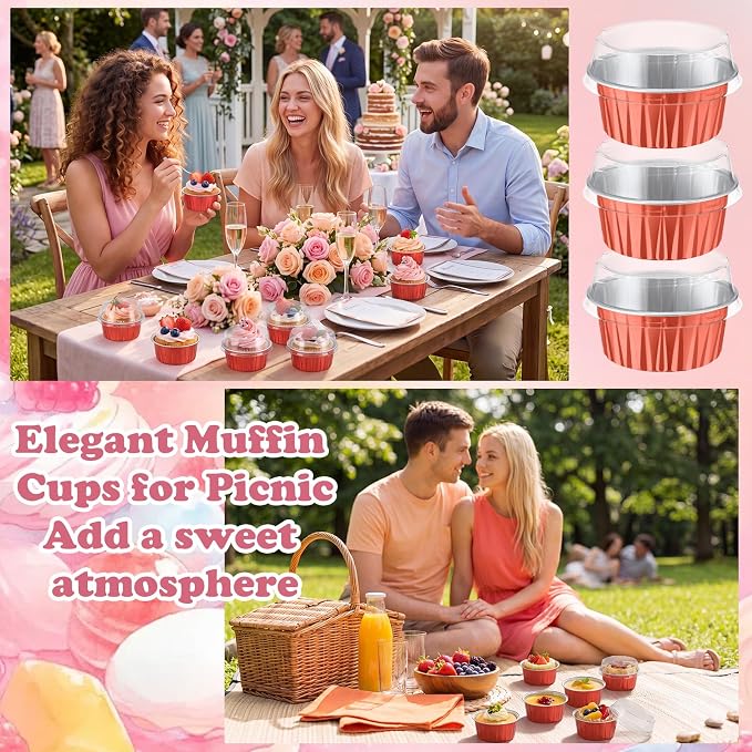 Gejoy 400 Pcs Aluminum Foil Baking Cups with Lids 5 oz Disposable Ramekins Mini Cake Pans Creme Brulee Cupcake Liners Muffin Dessert Container for Wedding Birthday Party (Classic,Orange Gold)