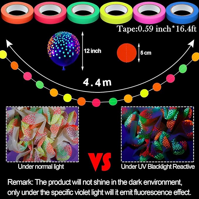 32 Pcs Glow in The Dark Party Supplies Christmas Neon Party Favors with 25 Fluorescent Balloon 6 Rolls 98.4 ft UV Blacklight Luminous Tape 14.4 ft Neon Streamer Garland for Adults(Clear Dot)