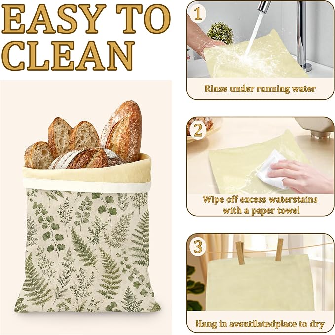2 Pack Beeswax Linen Vintage Fern Bread Bags, Botanical Leaves Reusable Fresh Keeping Bags for Sourdough & Baguette, Freezable Portable Bread Storage Container 17×13''