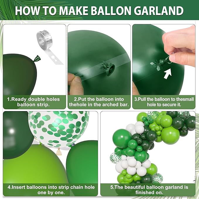 Amandir 153pcs Green Balloon Arch Garland Kit, Different Sizes 18 12 10 5inch Dark Emerald Light Lime Green Latex Confetti St Patricks Day Balloons Safari Jungle Birthday Graduation Party Decorations