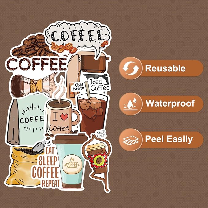 50 Pcs Coffee Stickers for Scrapbooking, Waterproof Vinyl Cafe Latte Espresso Aesthetic Stickers for Laptops Water Bottles Journals, Decorative Decals for Teens Students Adults