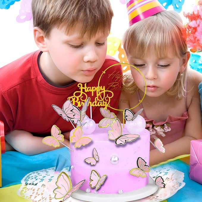 60Pcs Butterfly Cupcake Topper Pink Gold, Lively 3D Butterflies with 2Pcs Happy Birthday Topper for Cake Decor Birthday Anniversary Kids Wedding Girl Women Party Wall Food Decorations,Mixed Size