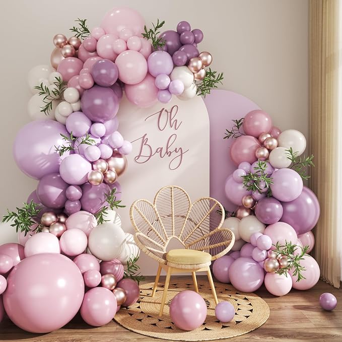 Pink and Purple Balloon Arch Kit, 128Pcs Dusty Pastel Macaron Purple Pink Sand White Gold Pink Lavender Balloons for Baby Shower Wedding Bridal Shower Birthday Party Decorations