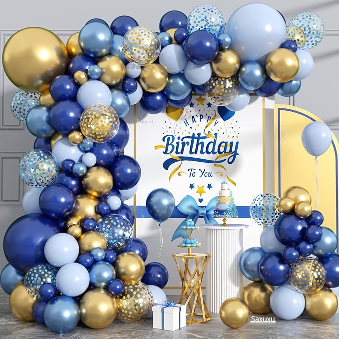 Blue And Gold Balloon Arch Kit, Blue Gold Balloons Garland Arch Kit, Navy Royal Metallic Confetti Balloons For Boy Men Birthday Father's Day Graduation Party Wedding Baby Shower Decorations