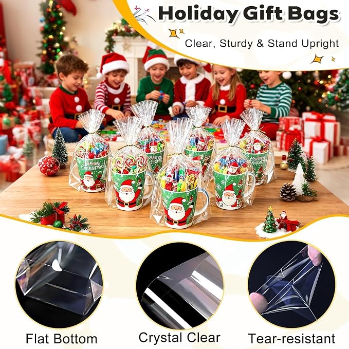 PigPotParty Cellophane Bags 8x11 Inch, 50 Pack Clear Plastic Gift Bags with Bottom Gusset for Stand-Up Display, Medium Cello Gift Wrap for Goodies, Treats, Party Favors, Mugs, Includes 50 Gold Ties