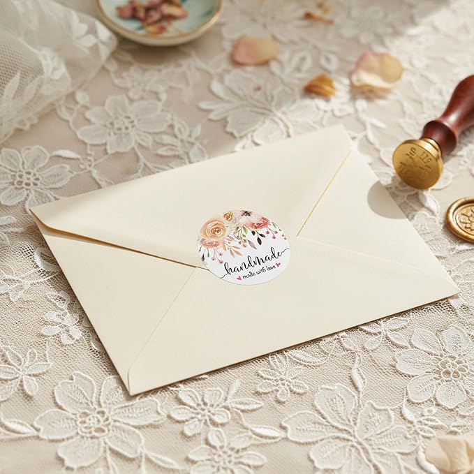Floral Handmade with Love Stickers, 1.6 Inch Small Round Circle Adhesive Labels for Small Business, Gift Packaging, Envelopes, Baked Goods, Craft Tags, Wedding Favors 120Pcs(Handmade)