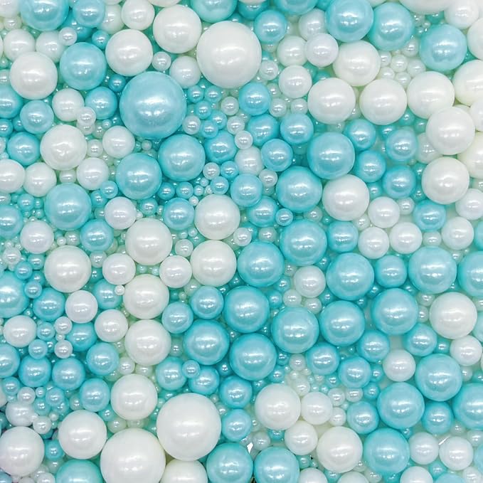 Edible Light Blue & White Sugar Pearls Sprinkles Candy Mix Size Pearls Cake Decorations Cupcake Toppers Decorating Perfect for Wedding Party Valentine Supplies 4.58OZ